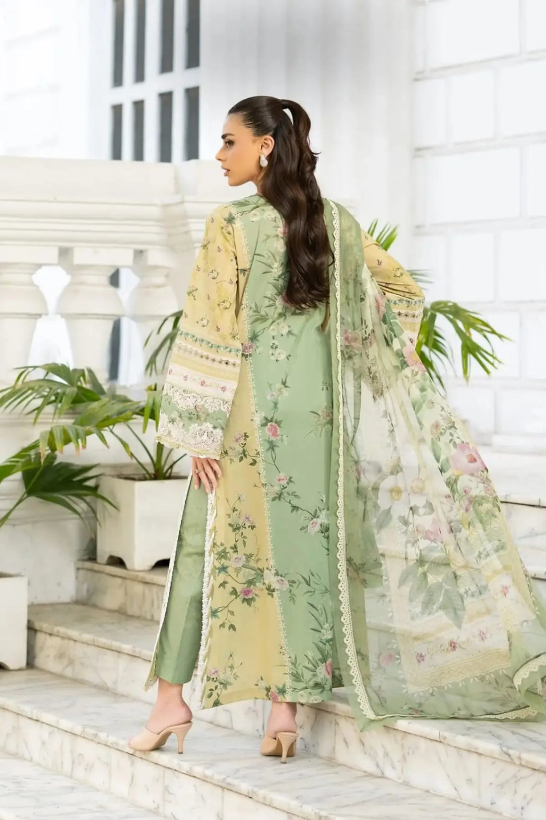 ESG-1A Elara Elaf Premium sage green lawn stitched 3PC suit with printed chiffon dupatta by Pakistanimoda