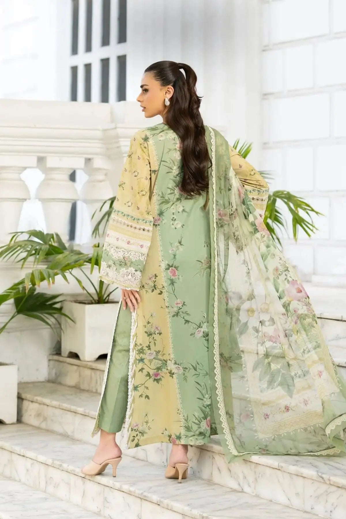 ESG-1A Elara Elaf Premium sage green lawn stitched 3PC suit with printed chiffon dupatta by Pakistanimoda