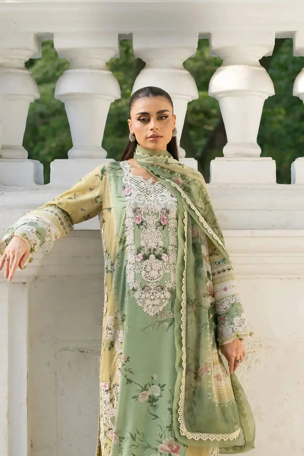 ESG-1A Elara Elaf Premium sage green lawn stitched 3PC suit with printed chiffon dupatta by Pakistanimoda