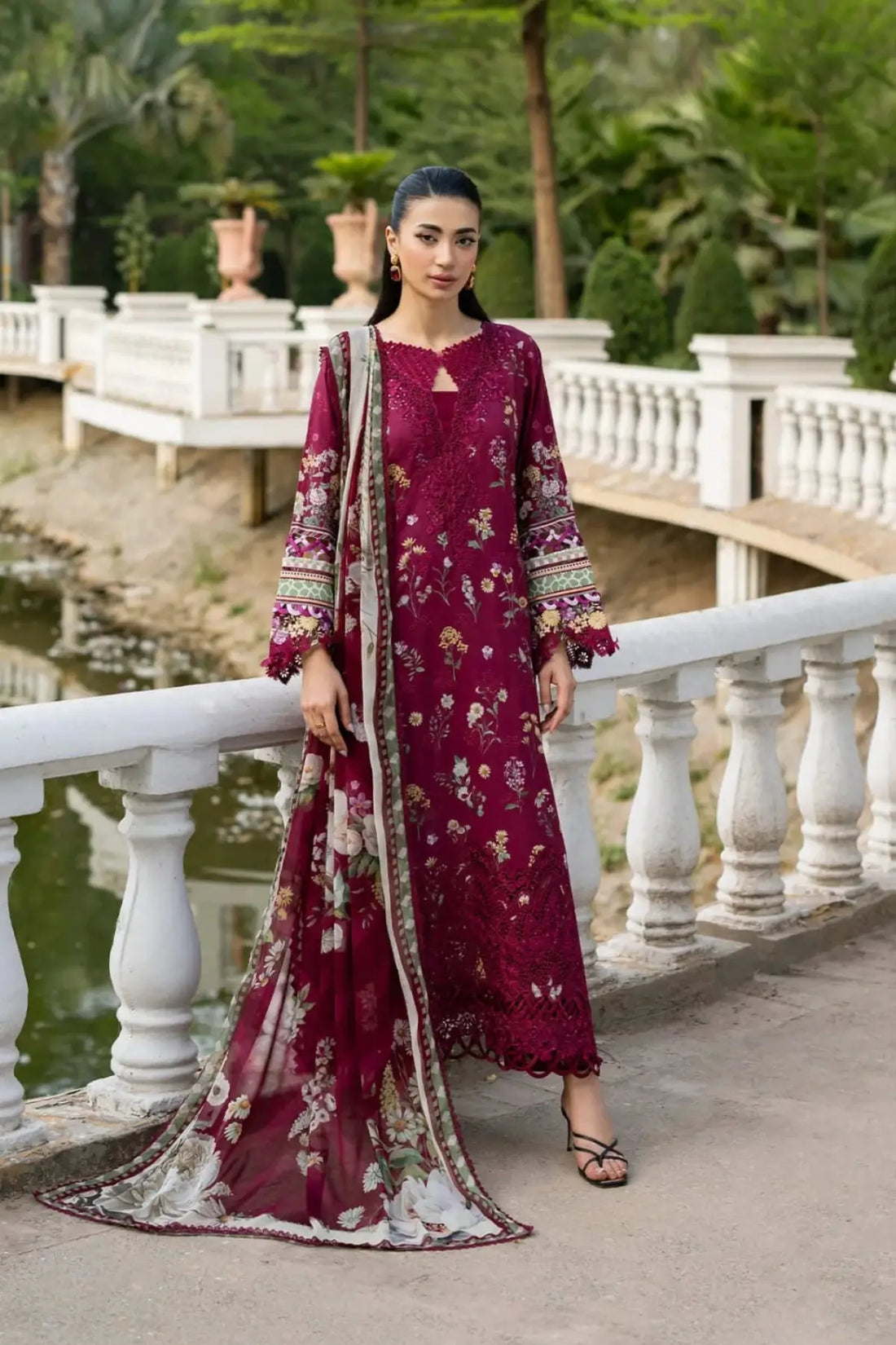 ESG-2A Nora Elaf Premium maroon printed lawn stitched 3PC suit with chiffon dupatta by Pakistanimoda