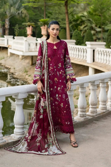 ESG-2A Nora Elaf Premium maroon printed lawn stitched 3PC suit with chiffon dupatta by Pakistanimoda