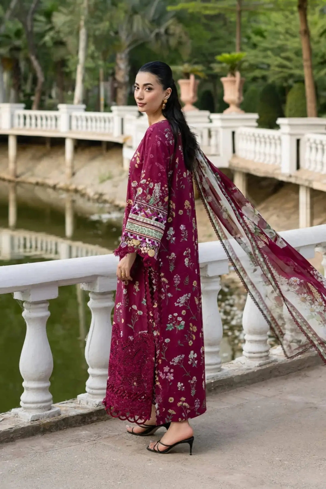 ESG-2A Nora Elaf Premium maroon printed lawn stitched 3PC suit with chiffon dupatta by Pakistanimoda