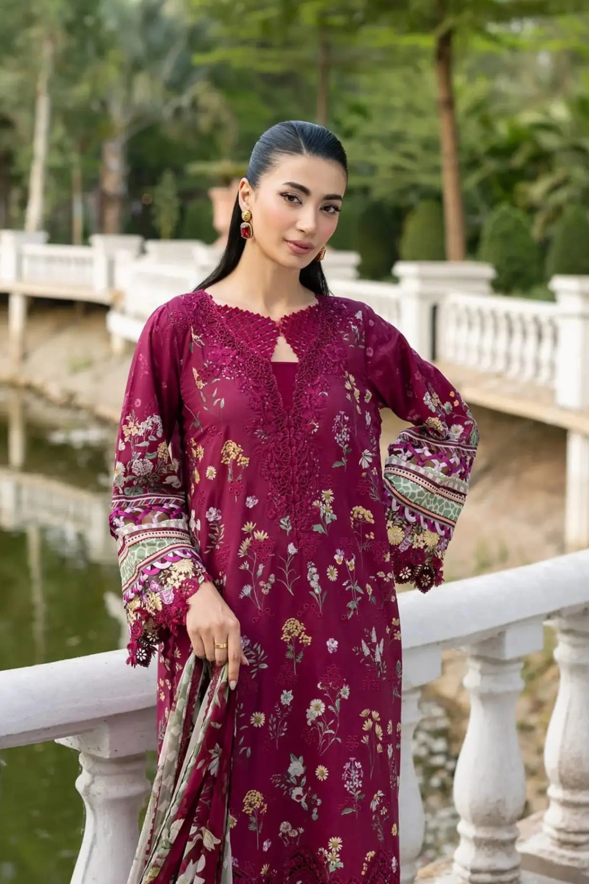 ESG-2A Nora Elaf Premium maroon printed lawn stitched 3PC suit with chiffon dupatta by Pakistanimoda