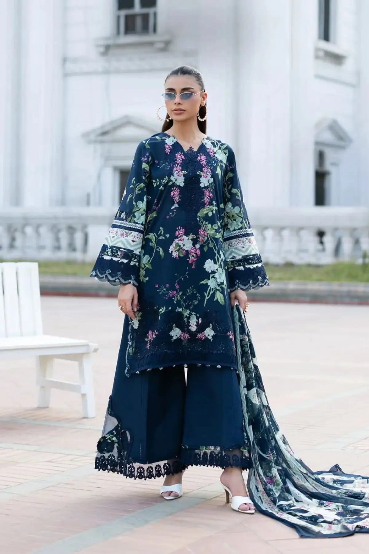 ESG-3A Mariel Elaf Premium navy blue lawn stitched 3PC suit with printed chiffon dupatta by Pakistanimoda