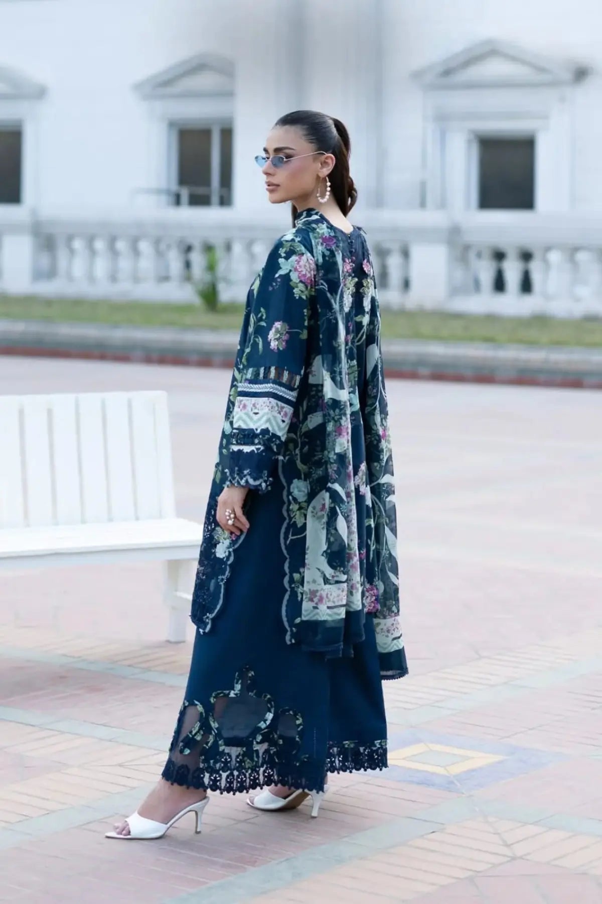 ESG-3A Mariel Elaf Premium navy blue lawn stitched 3PC suit with printed chiffon dupatta by Pakistanimoda
