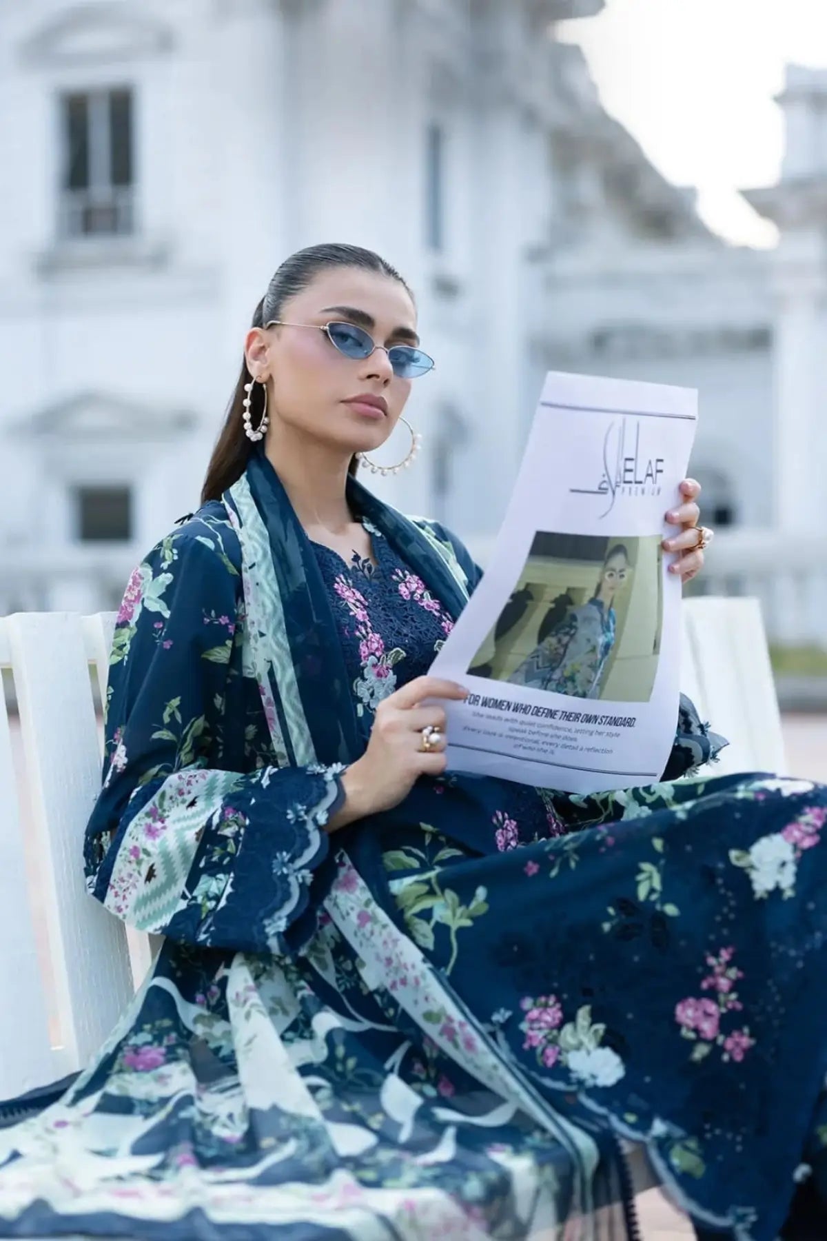 ESG-3A Mariel Elaf Premium navy blue lawn stitched 3PC suit with printed chiffon dupatta by Pakistanimoda