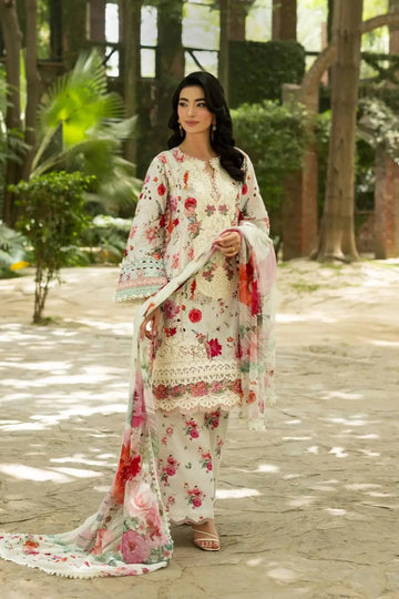 ESG-4A Claire Elaf Premium ivory floral lawn stitched 3PC suit with printed chiffon dupatta by Pakistanimoda