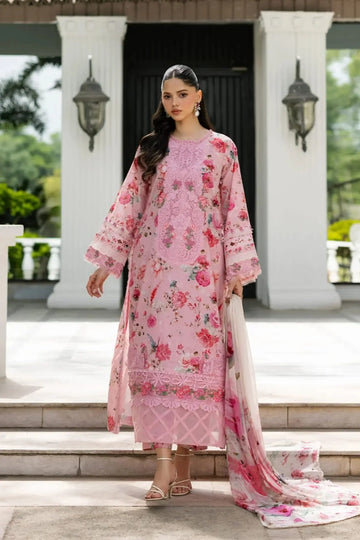 ESG-4B Mira Elaf Premium rose pink lawn stitched 3PC suit with printed chiffon dupatta by Pakistanimoda