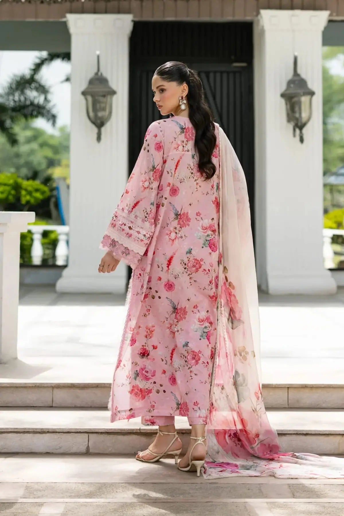 ESG-4B Mira Elaf Premium rose pink lawn stitched 3PC suit with printed chiffon dupatta by Pakistanimoda
