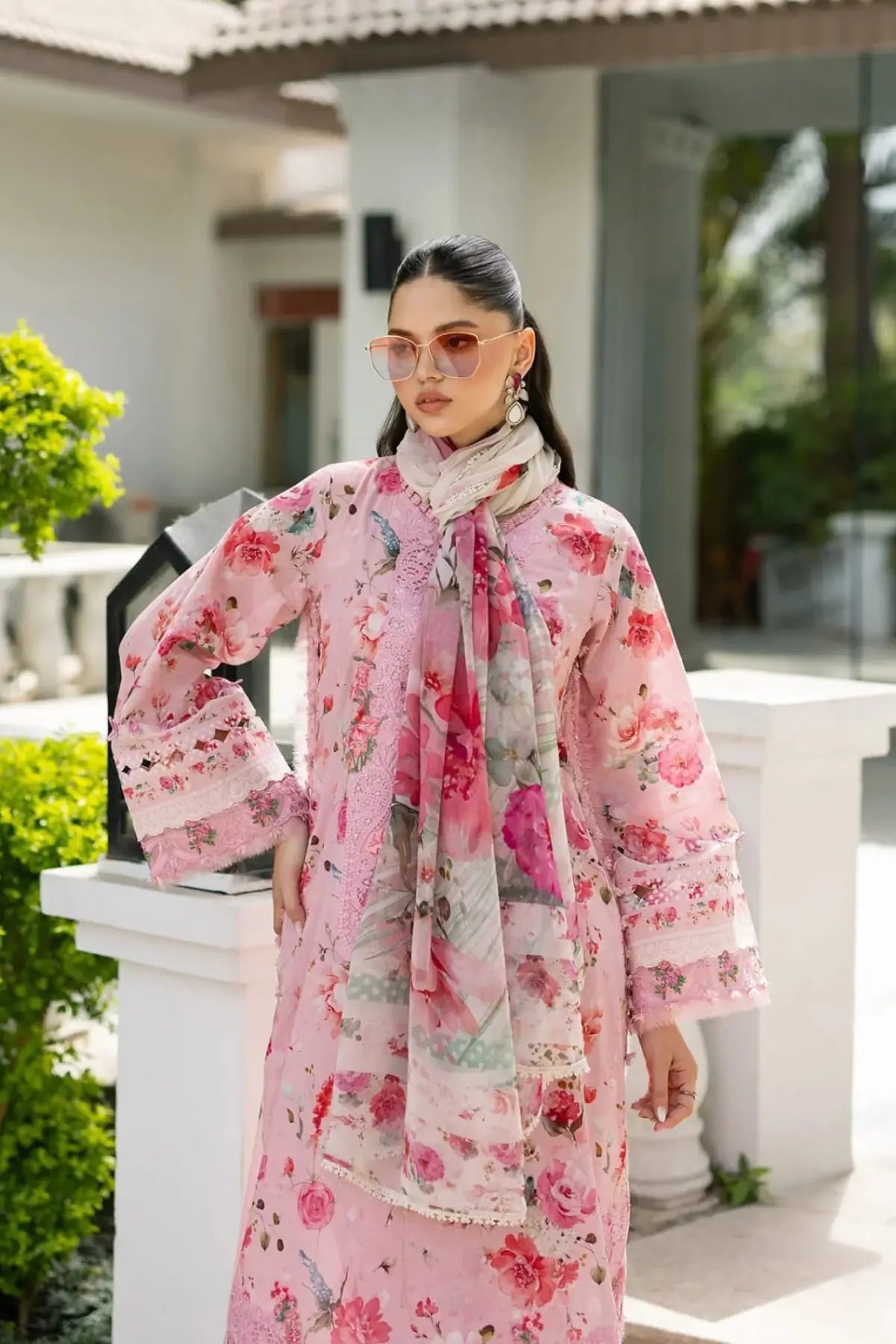 ESG-4B Mira Elaf Premium rose pink lawn stitched 3PC suit with printed chiffon dupatta by Pakistanimoda