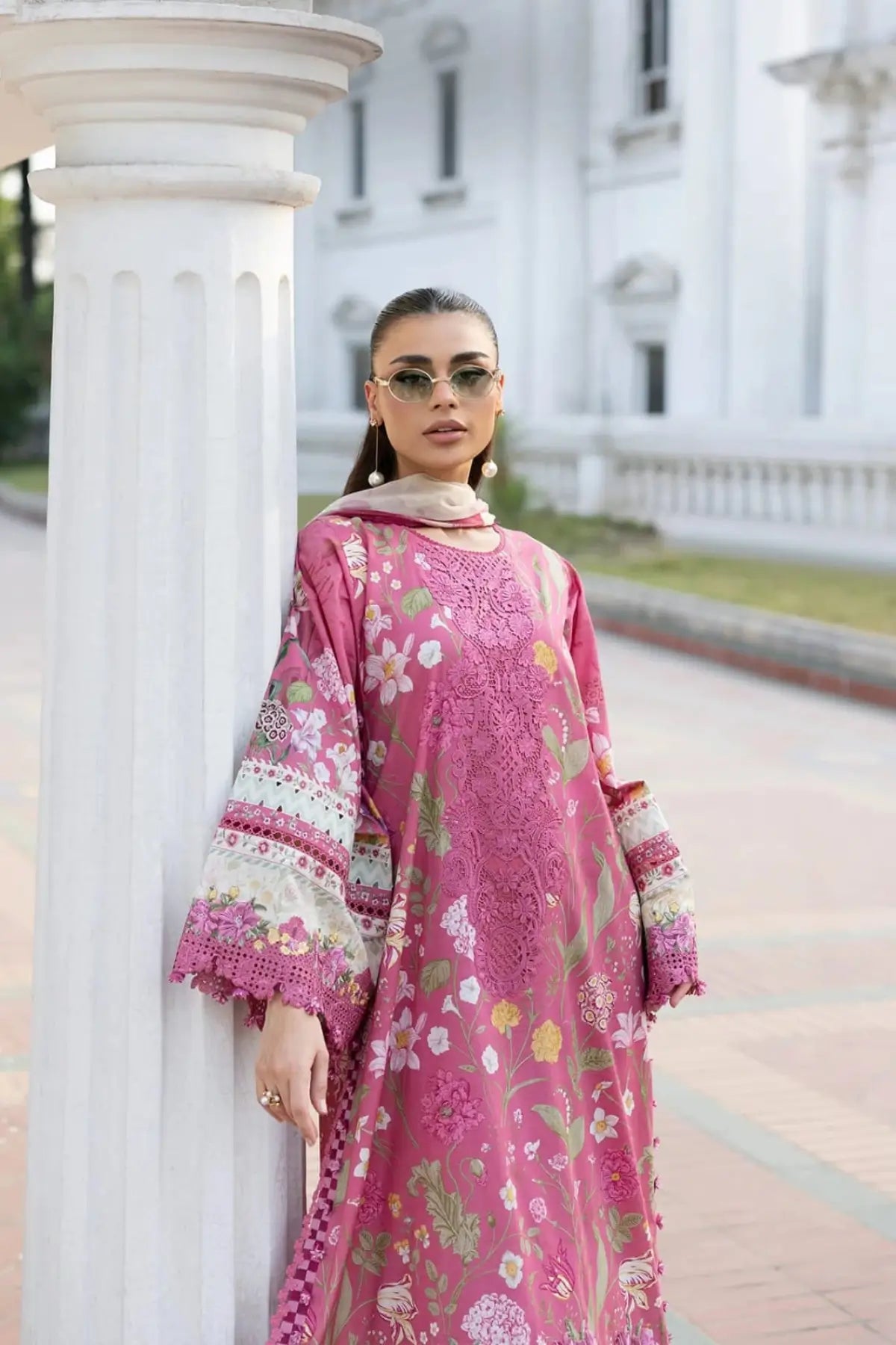 ESG-5B Delilah Elaf Premium dusty pink lawn stitched 3PC suit with printed chiffon dupatta by Pakistanimoda