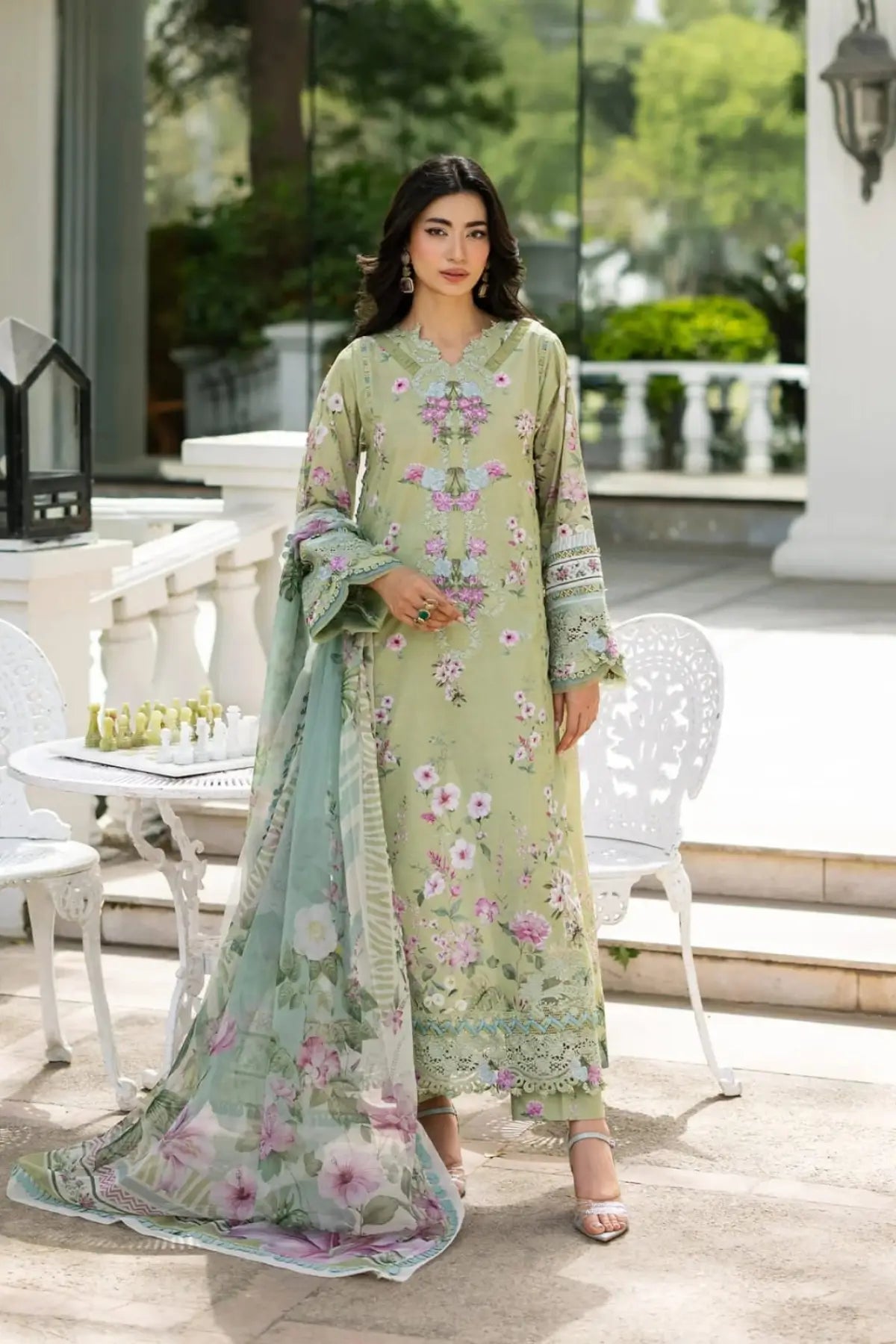 ESG-6A Jade Elaf Premium printed pistachio lawn stitched suit with chiffon dupatta by Pakistanimoda