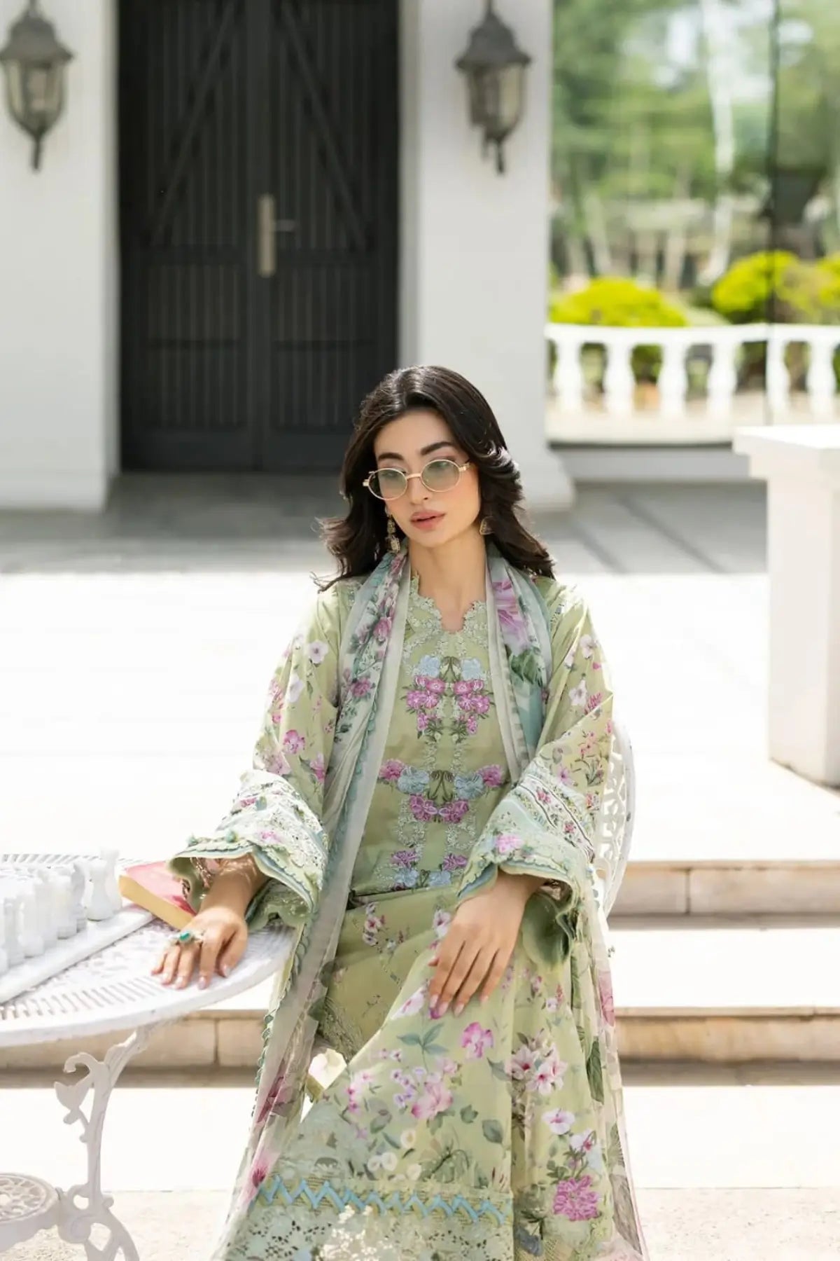 ESG-6A Jade Elaf Premium printed pistachio lawn stitched suit with chiffon dupatta by Pakistanimoda