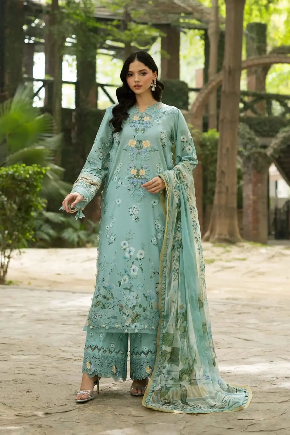ESG-6B Zaria Elaf Premium sea green lawn stitched 3PC suit with printed chiffon dupatta by Pakistanimoda