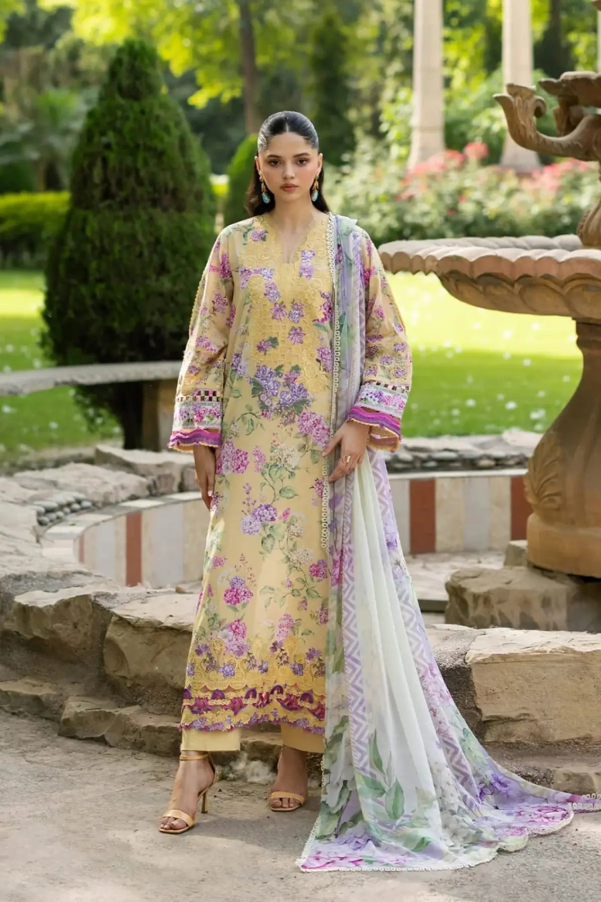 ESG-7A Stella Elaf Premium butter yellow lawn stitched 3PC suit with printed chiffon dupatta by Pakistanimoda