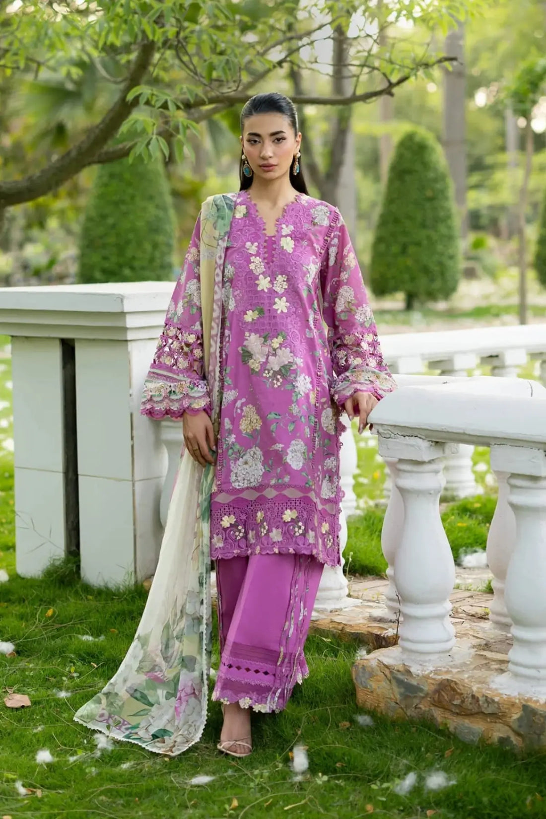 ESG-7B Kiara Elaf Premium orchid pink lawn stitched 3PC suit with printed chiffon dupatta by Pakistanimoda