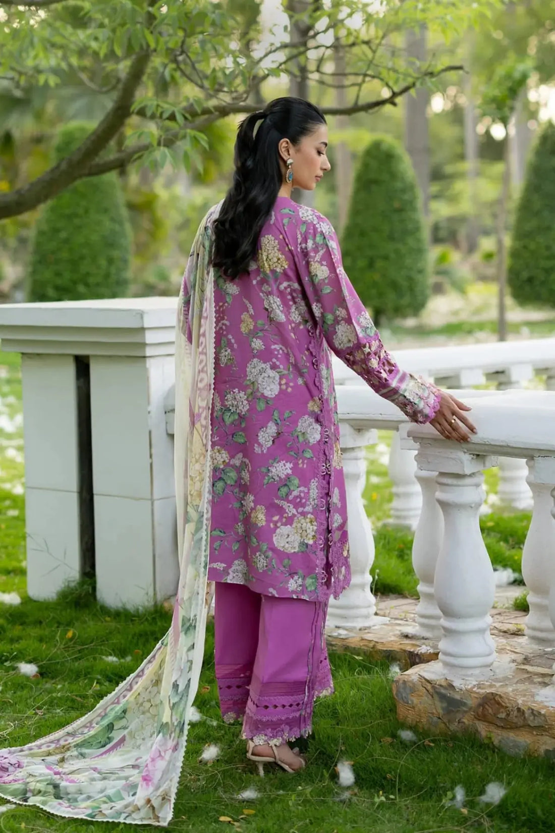 ESG-7B Kiara Elaf Premium orchid pink lawn stitched 3PC suit with printed chiffon dupatta by Pakistanimoda