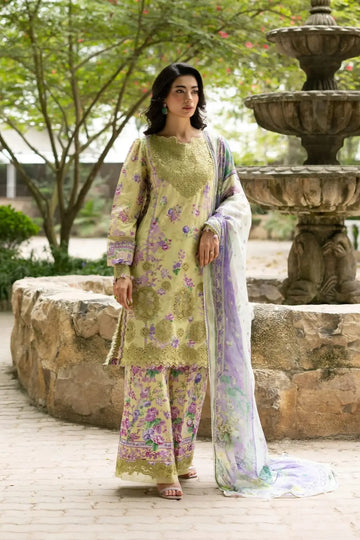 ESG-8A Olivia Elaf Premium lemon yellow embroidered lawn suit with printed chiffon dupatta by Pakistanimoda