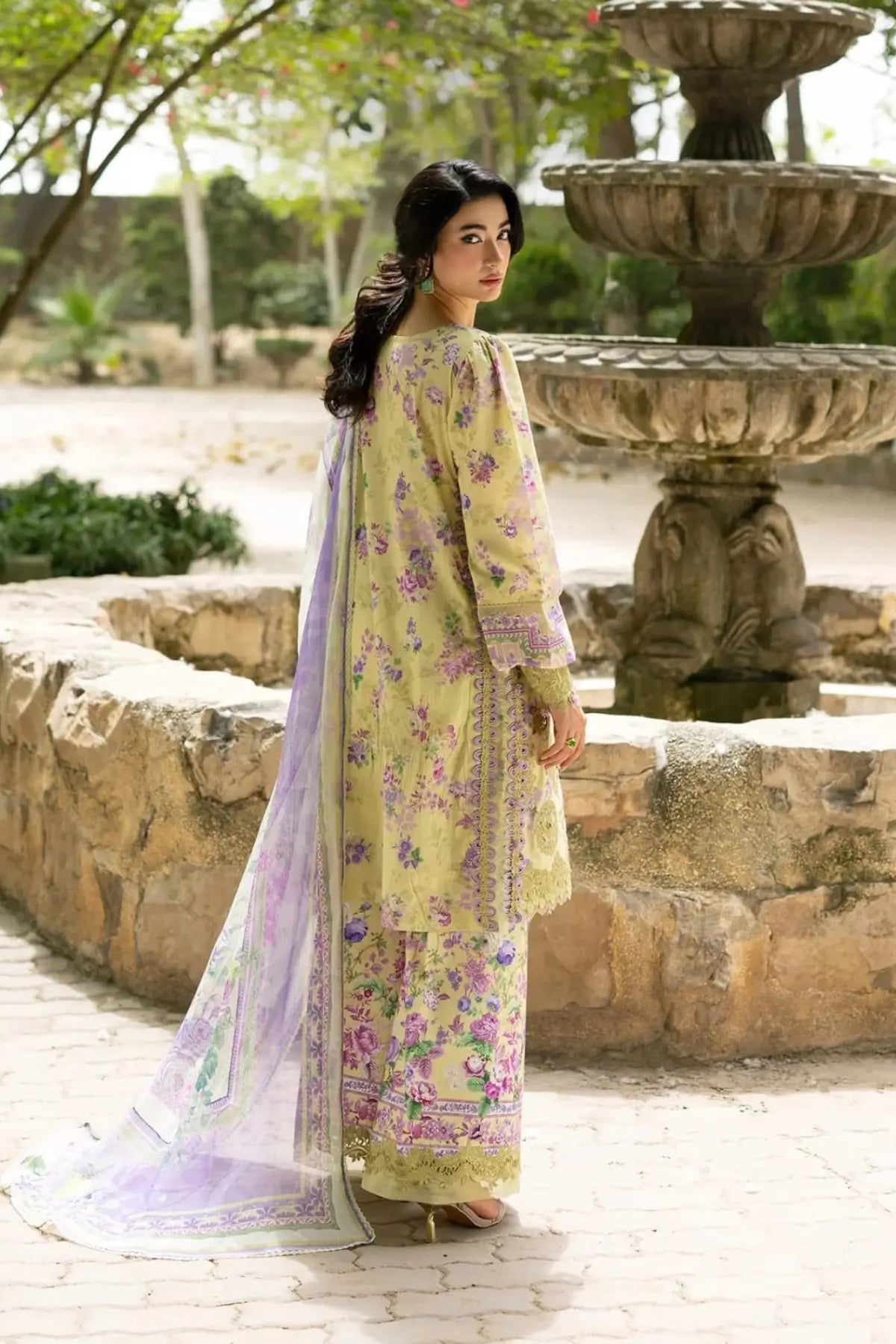ESG-8A Olivia Elaf Premium lemon yellow embroidered lawn suit with printed chiffon dupatta by Pakistanimoda