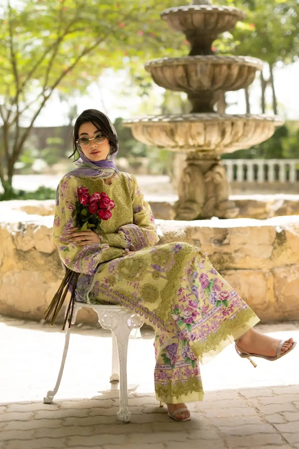 ESG-8A Olivia Elaf Premium lemon yellow embroidered lawn suit with printed chiffon dupatta by Pakistanimoda