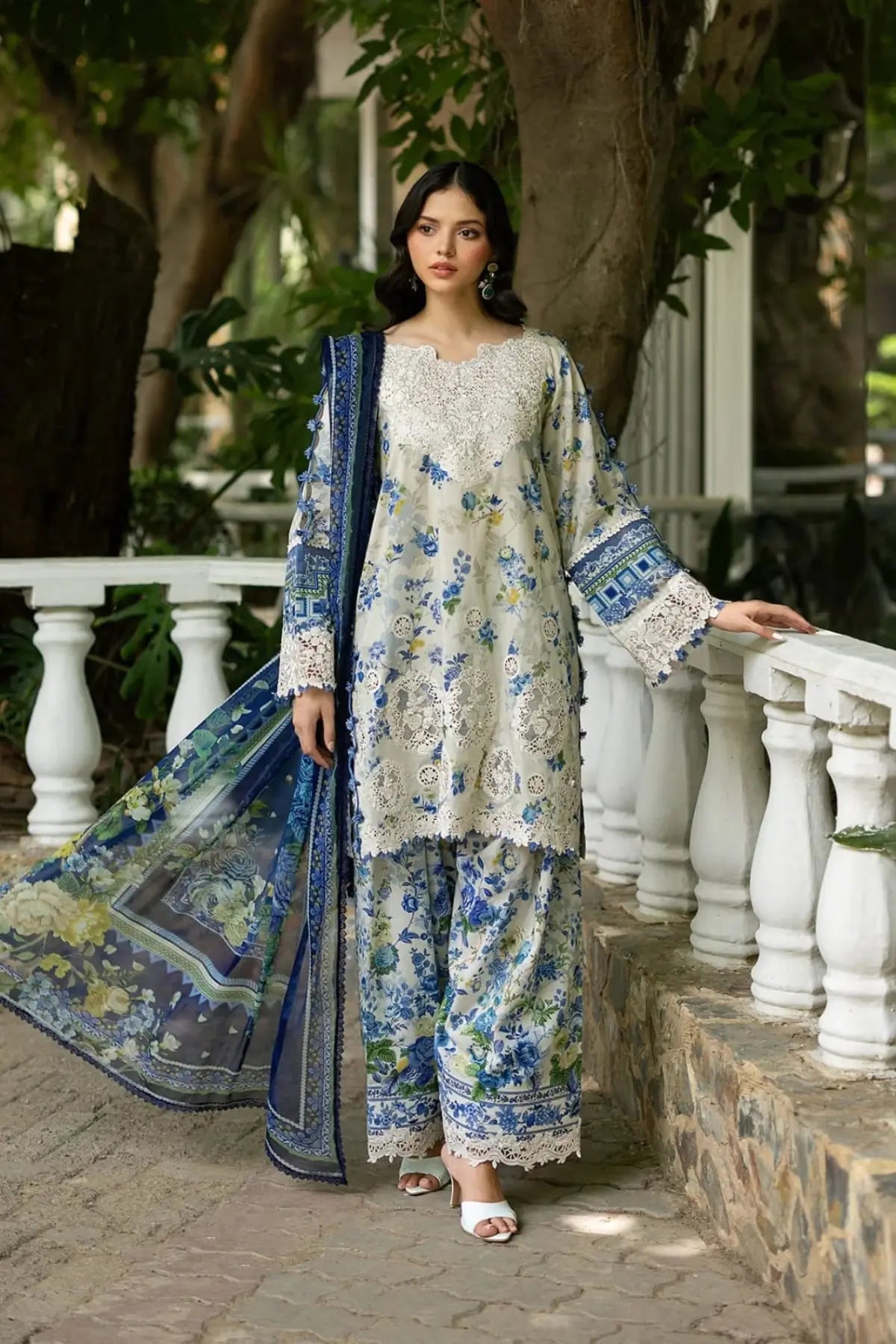 ESG-8B Celine Elaf Premium sage green lawn stitched 3PC suit with printed chiffon dupatta by Pakistanimoda