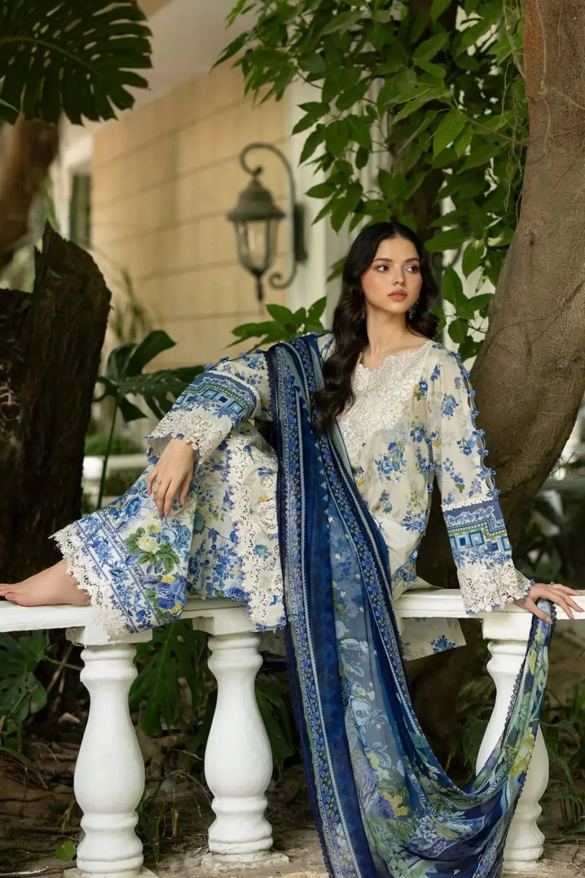 ESG-8B Celine Elaf Premium sage green lawn stitched 3PC suit with printed chiffon dupatta by Pakistanimoda
