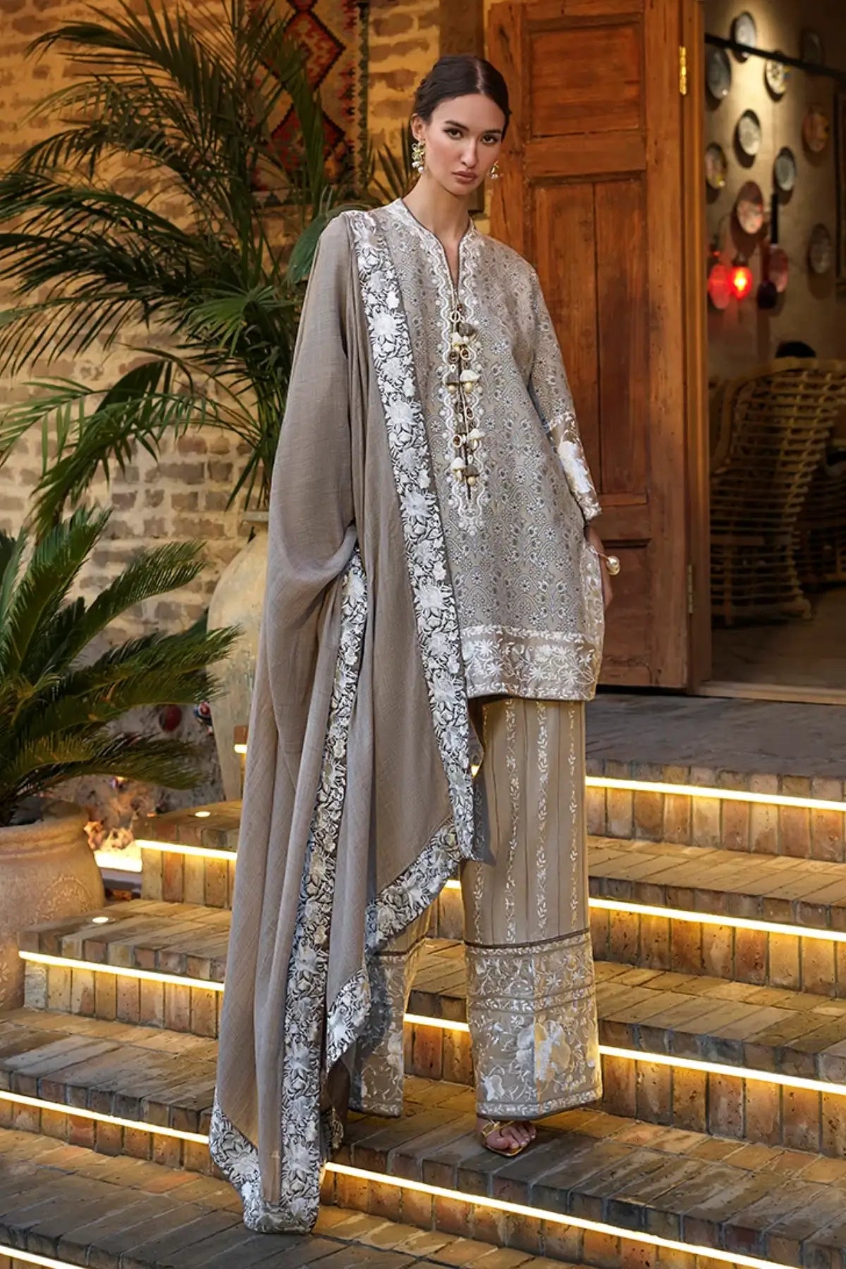 Eastern Empress by Mushq Broadway Winter 2026 ivory jacquard stitched winter suit with embroidered trouser and pashmina shawl