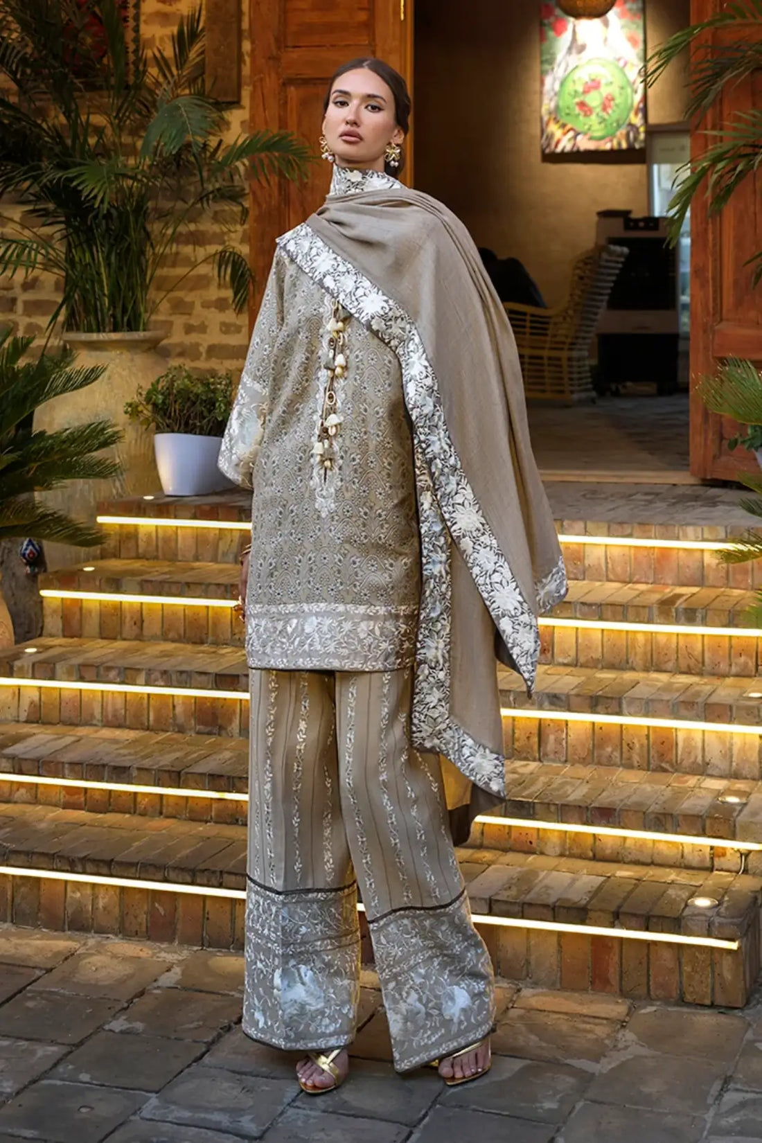 Eastern Empress by Mushq Broadway Winter 2026 ivory jacquard stitched winter suit with embroidered trouser and pashmina shawl