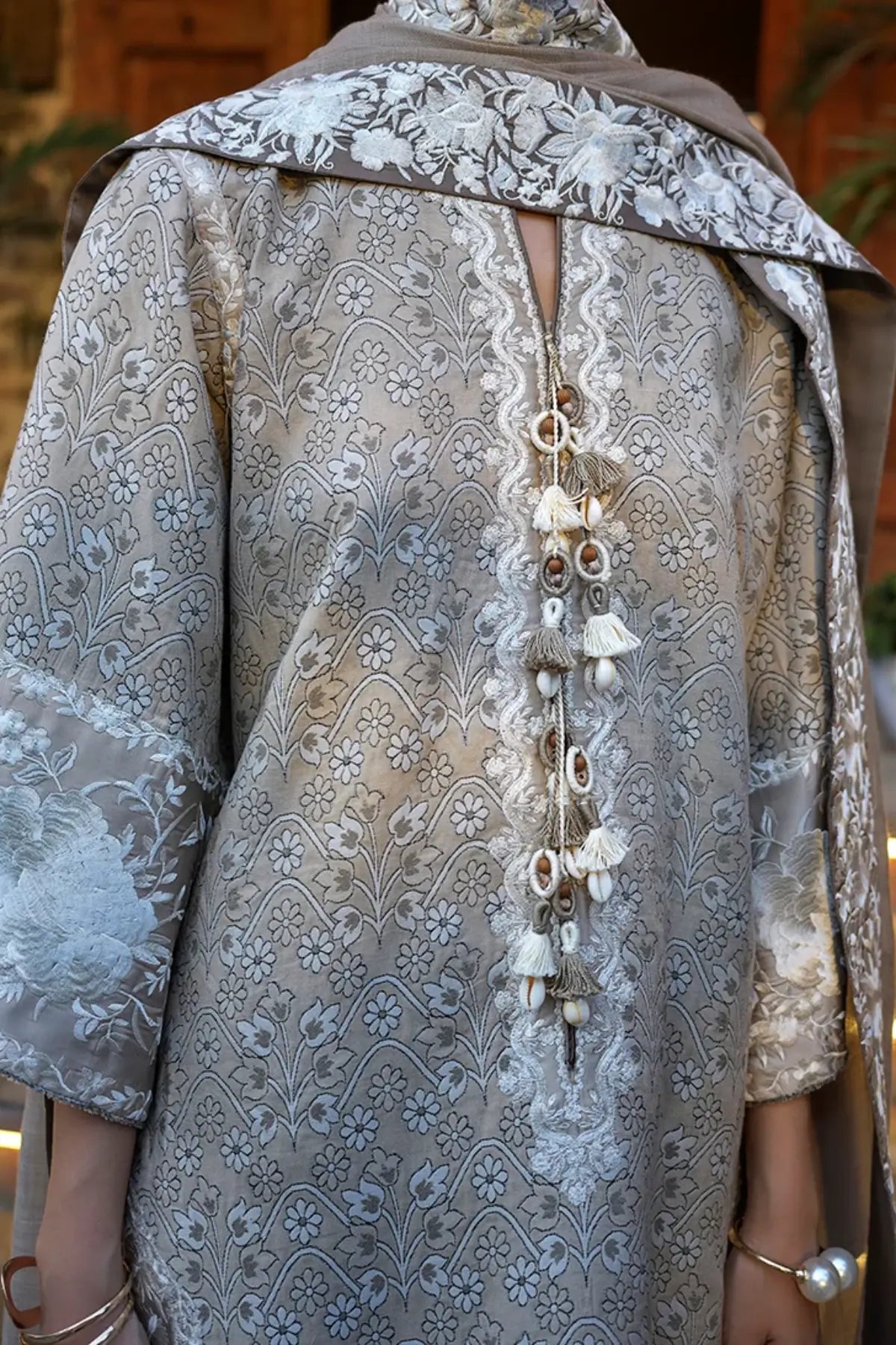 Eastern Empress by Mushq Broadway Winter 2026 ivory jacquard stitched winter suit with embroidered trouser and pashmina shawl