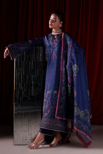 Eclat dark blue printed raw silk luxury formal stitched Pakistani suit with hand embellishments and Tusser silk dupatta
