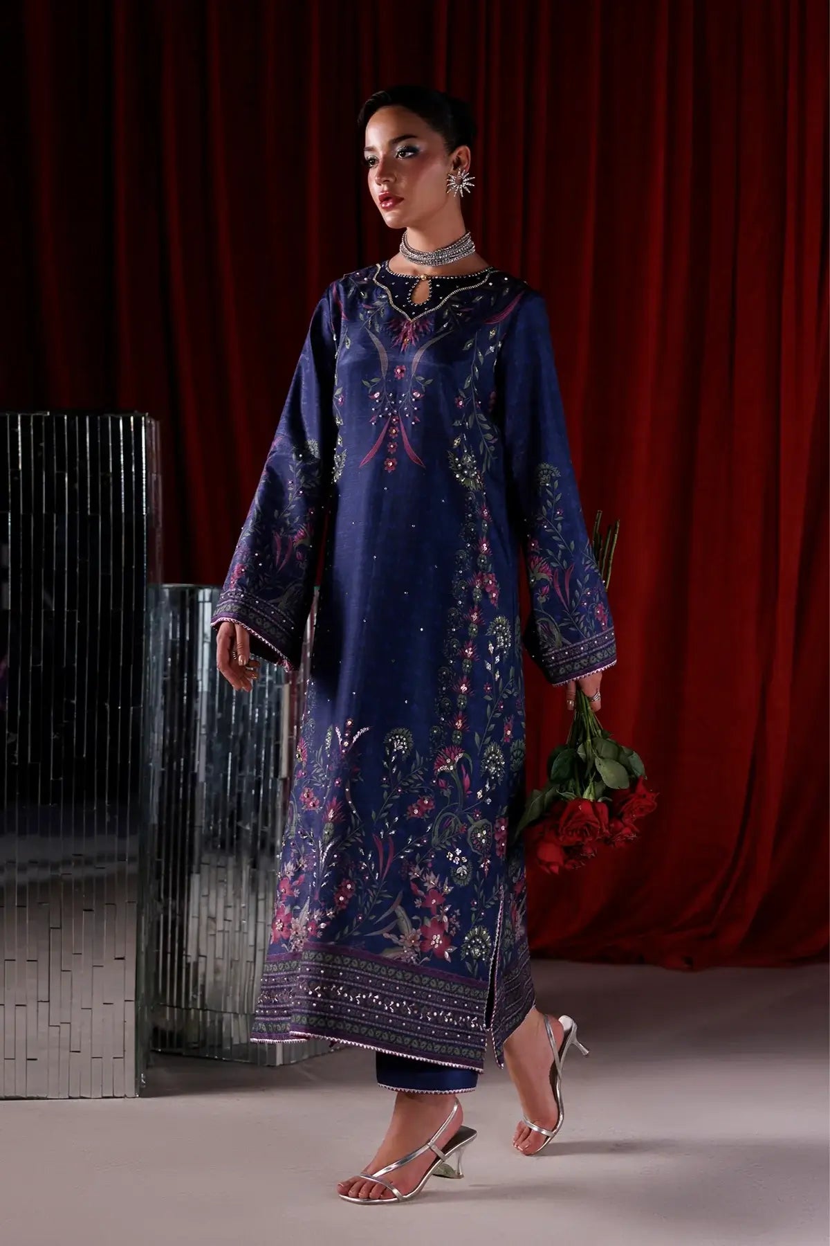 Eclat dark blue printed raw silk luxury formal stitched Pakistani suit with hand embellishments and Tusser silk dupatta