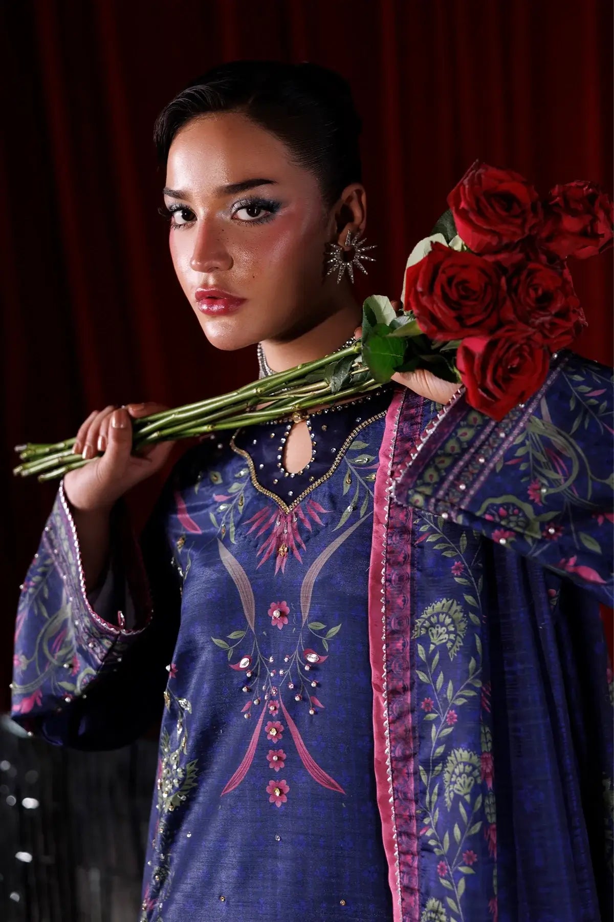 Eclat dark blue printed raw silk luxury formal stitched Pakistani suit with hand embellishments and Tusser silk dupatta