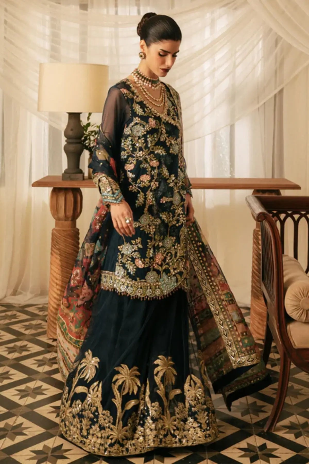 Saira Shakira navy blue couture angrakha outfit stitched
