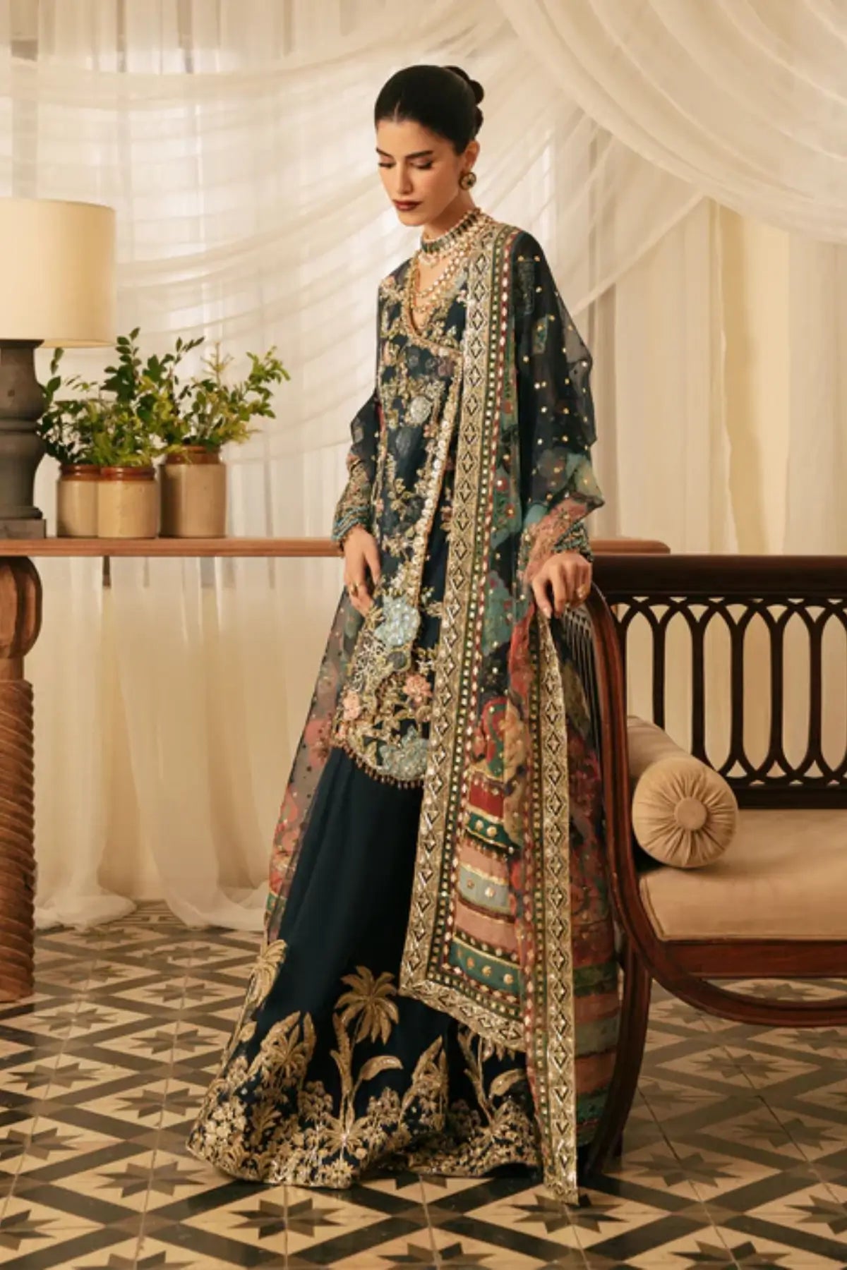 Saira Shakira navy blue couture angrakha outfit stitched