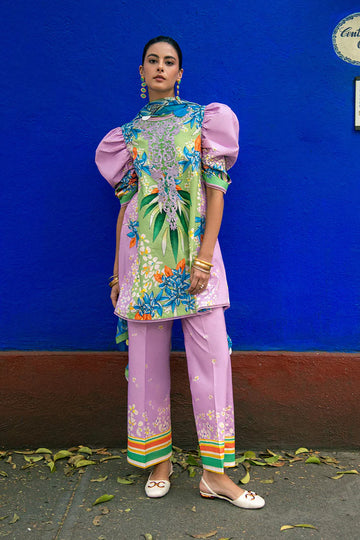 Ecstasy- Designer lilac lawn suit with printed trousers and chiffon dupatta By- Mushq