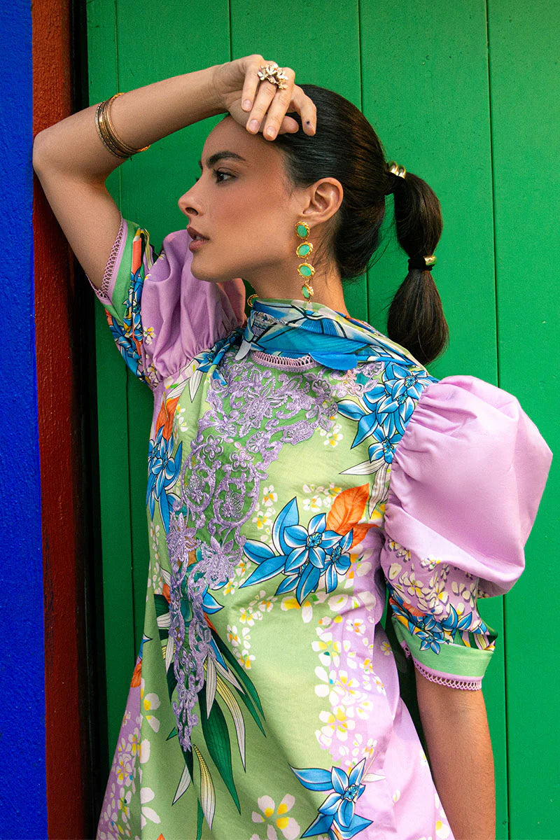 Ecstasy- Designer lilac lawn suit with printed trousers and chiffon dupatta By- Mushq