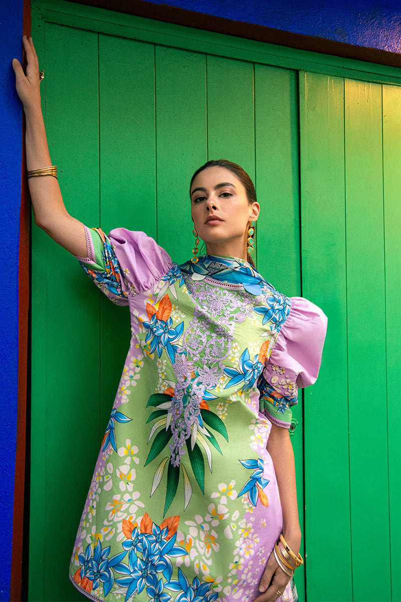 Ecstasy- Designer lilac lawn suit with printed trousers and chiffon dupatta By- Mushq