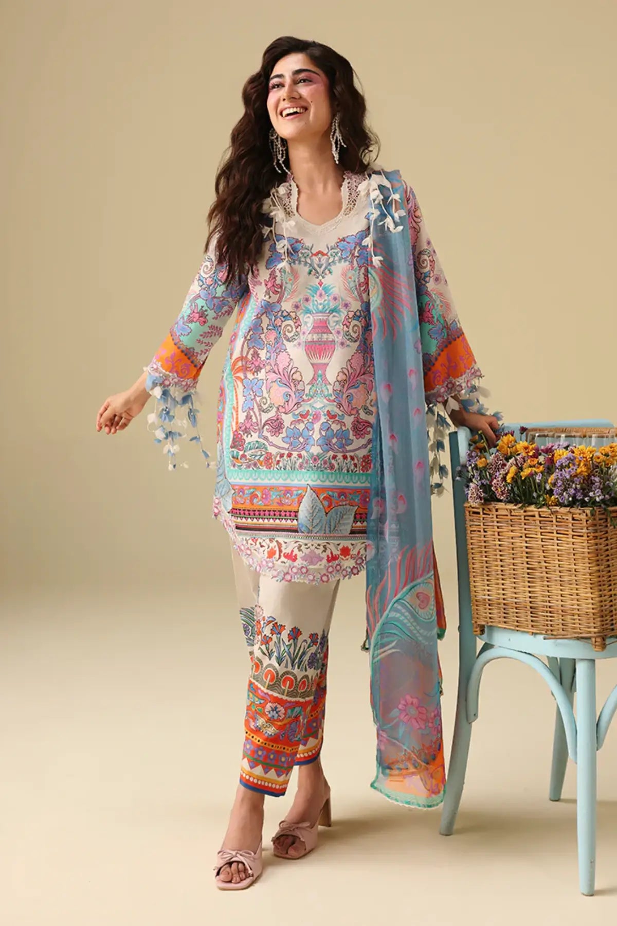 Eden Whisper Mushq Soleil Prints off white summer lawn suit with chiffon dupatta and organza embroidery