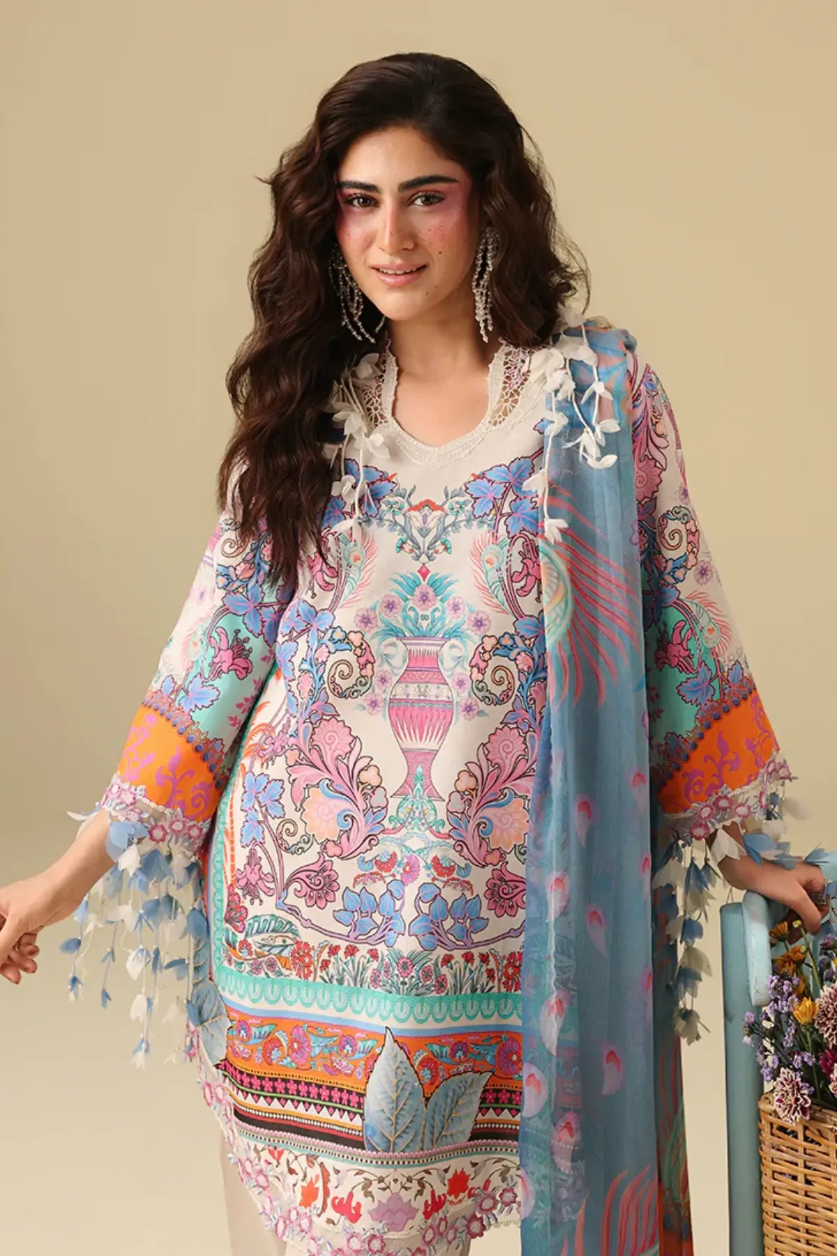 Eden Whisper Mushq Soleil Prints off white summer lawn suit with chiffon dupatta and organza embroidery
