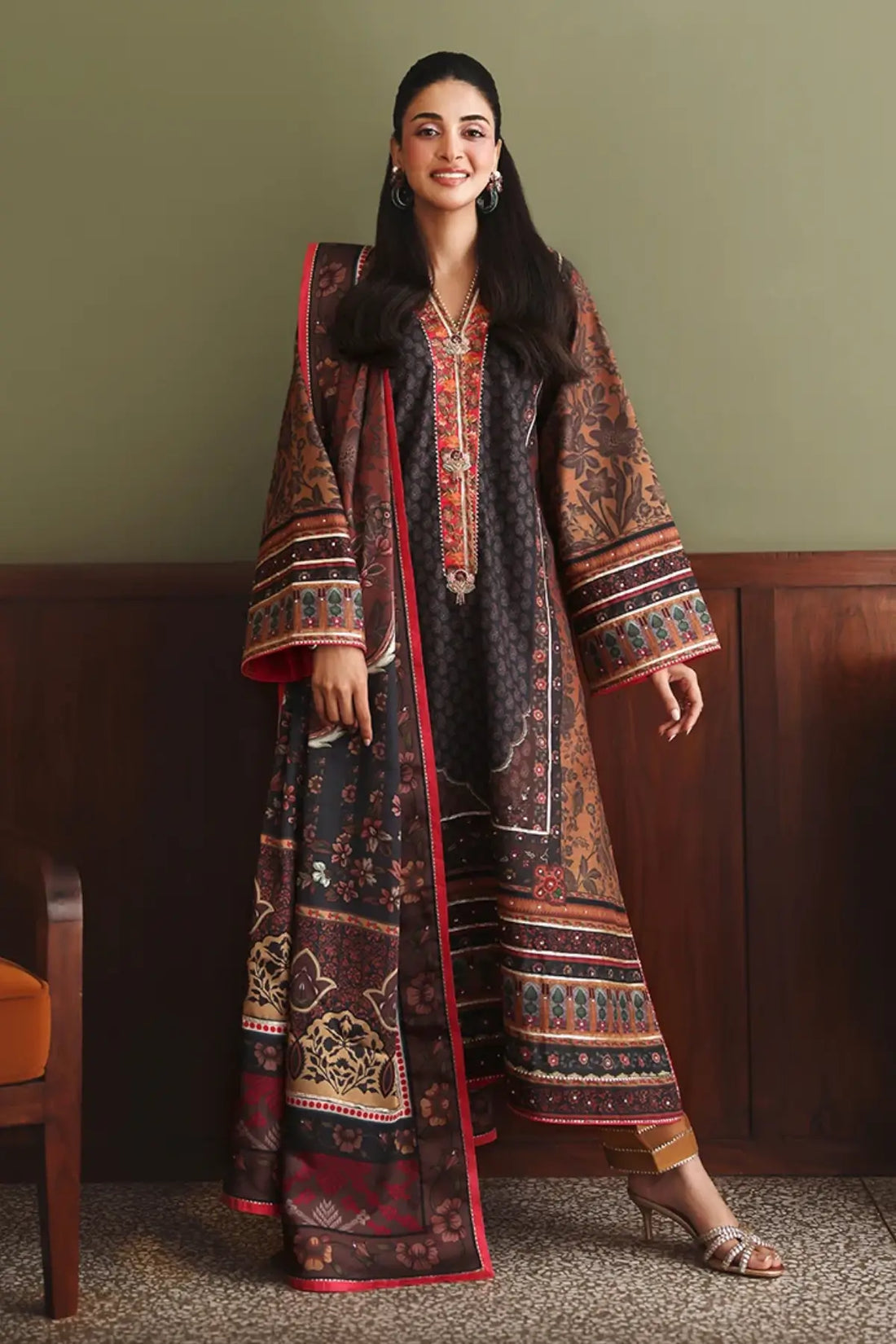 Effortlessly Me Nirvana Anmol Edit black printed embellished raw silk stitched 3PC Pakistani suit with printed silk dupatta