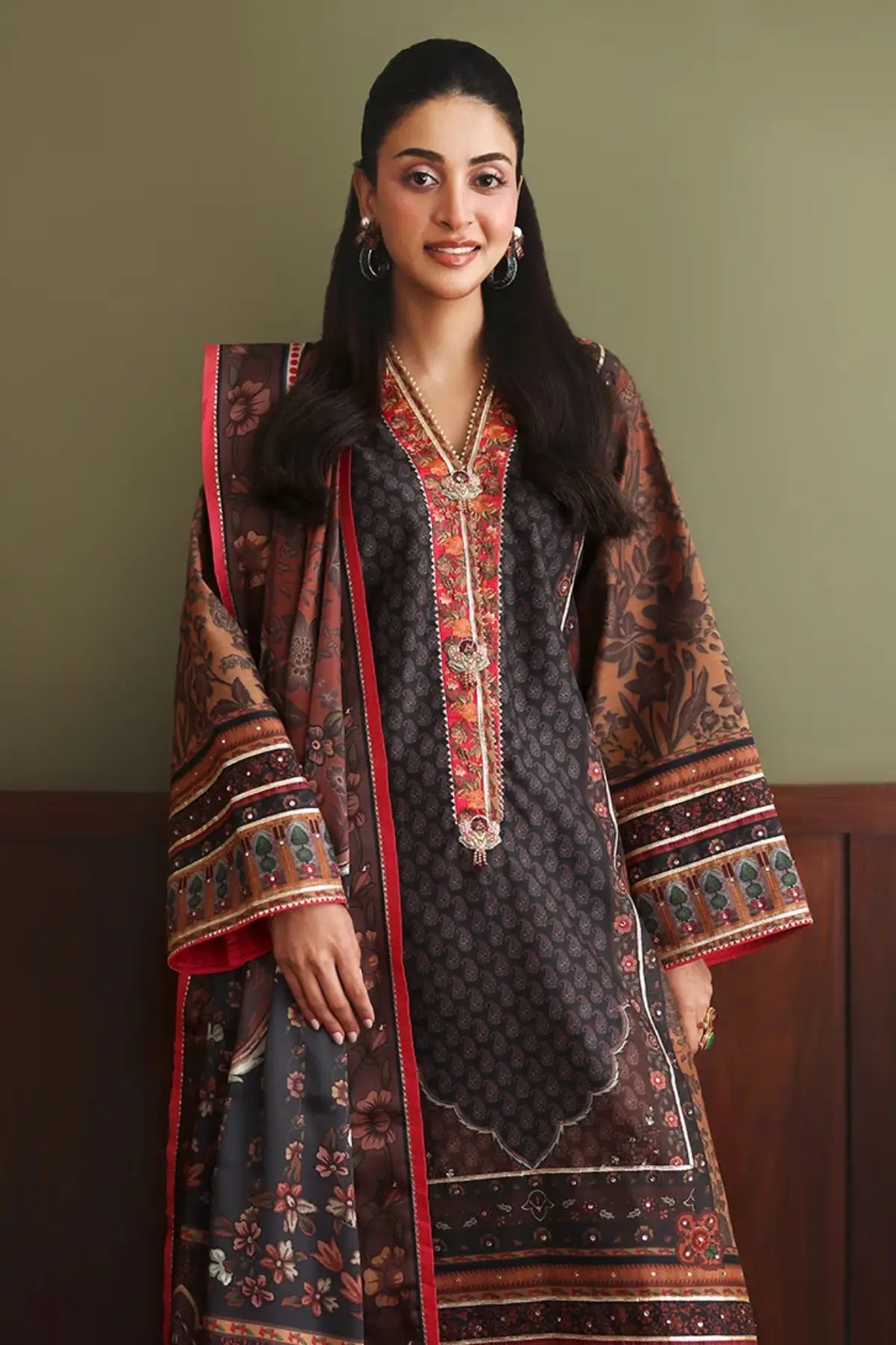 Effortlessly Me Nirvana Anmol Edit black printed embellished raw silk stitched 3PC Pakistani suit with printed silk dupatta