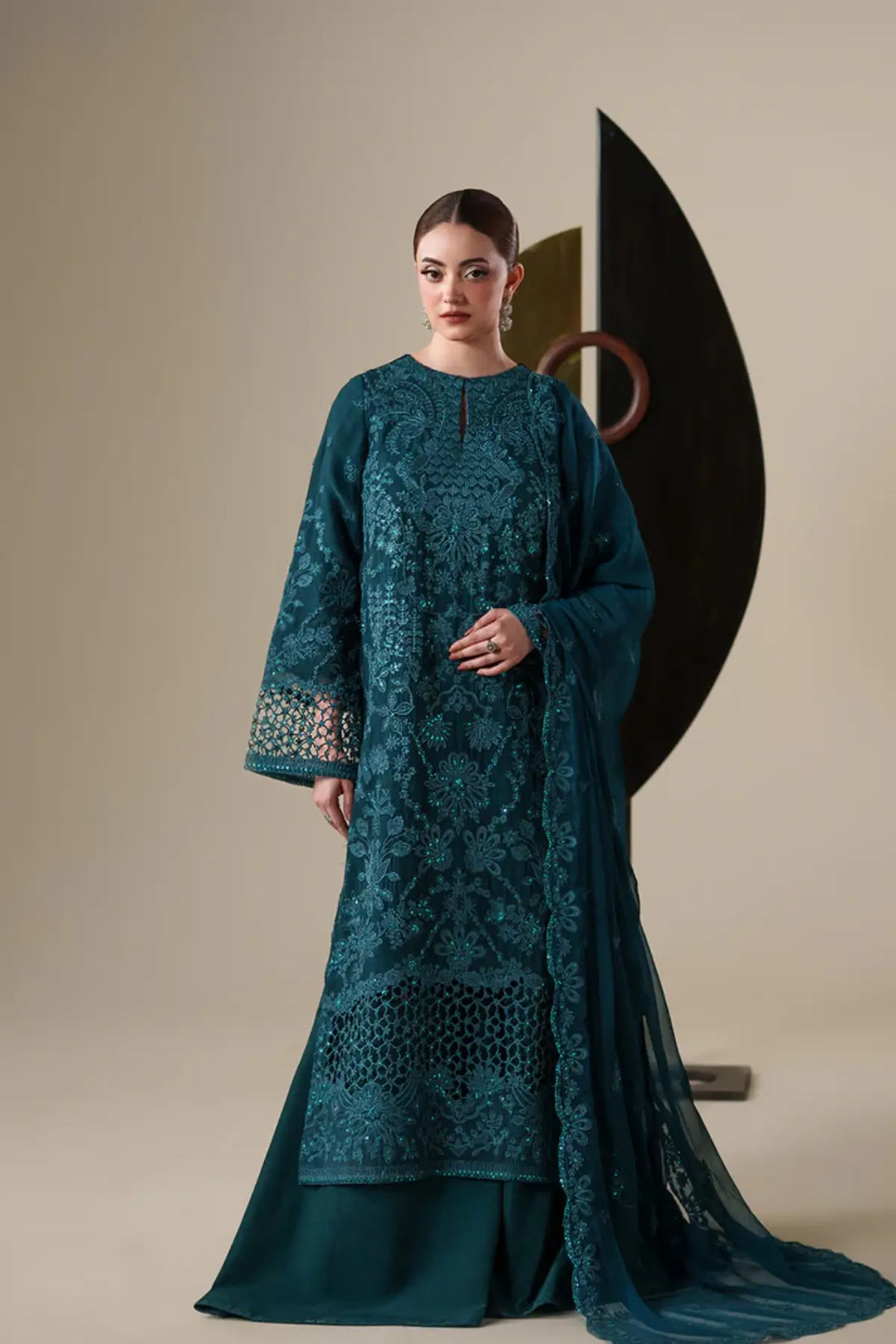 Eira Emaan Adeel Nouvelle Luxury Chiffon Teal Embroidered Stitched 3PC Suit | Pakistanimoda