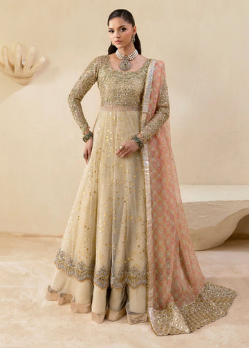 Ivory Pakistani lehenga gown with hand embellishments and printed dupatta – Eira by Pakistanimoda