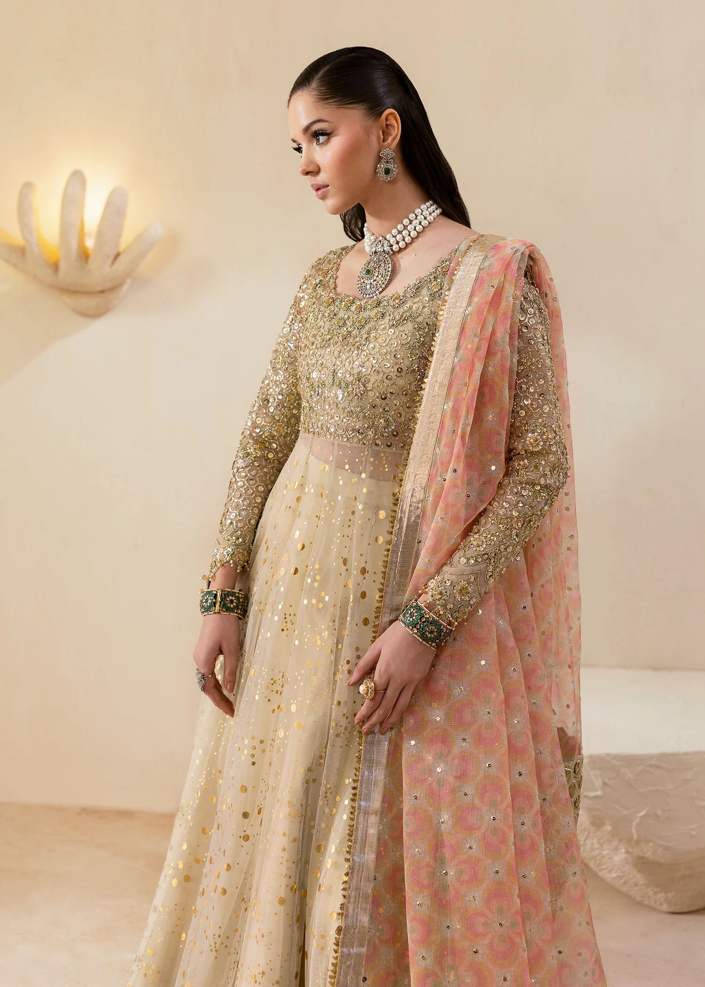 Ivory Pakistani lehenga gown with hand embellishments and printed dupatta – Eira by Pakistanimoda