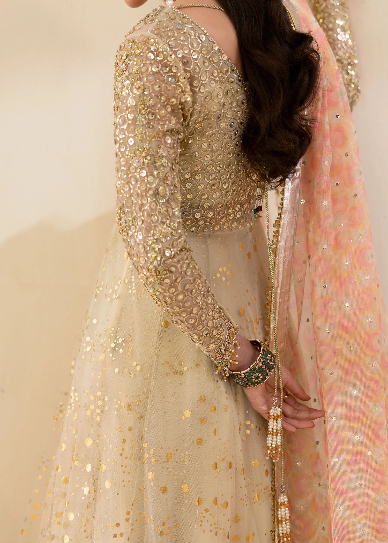 Ivory Pakistani lehenga gown with hand embellishments and printed dupatta – Eira by Pakistanimoda