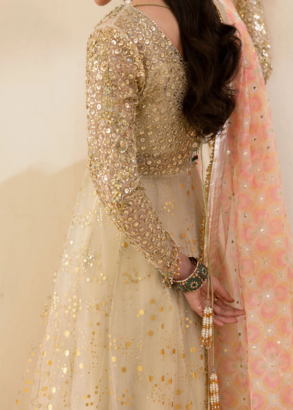 Ivory Pakistani lehenga gown with hand embellishments and printed dupatta – Eira by Pakistanimoda