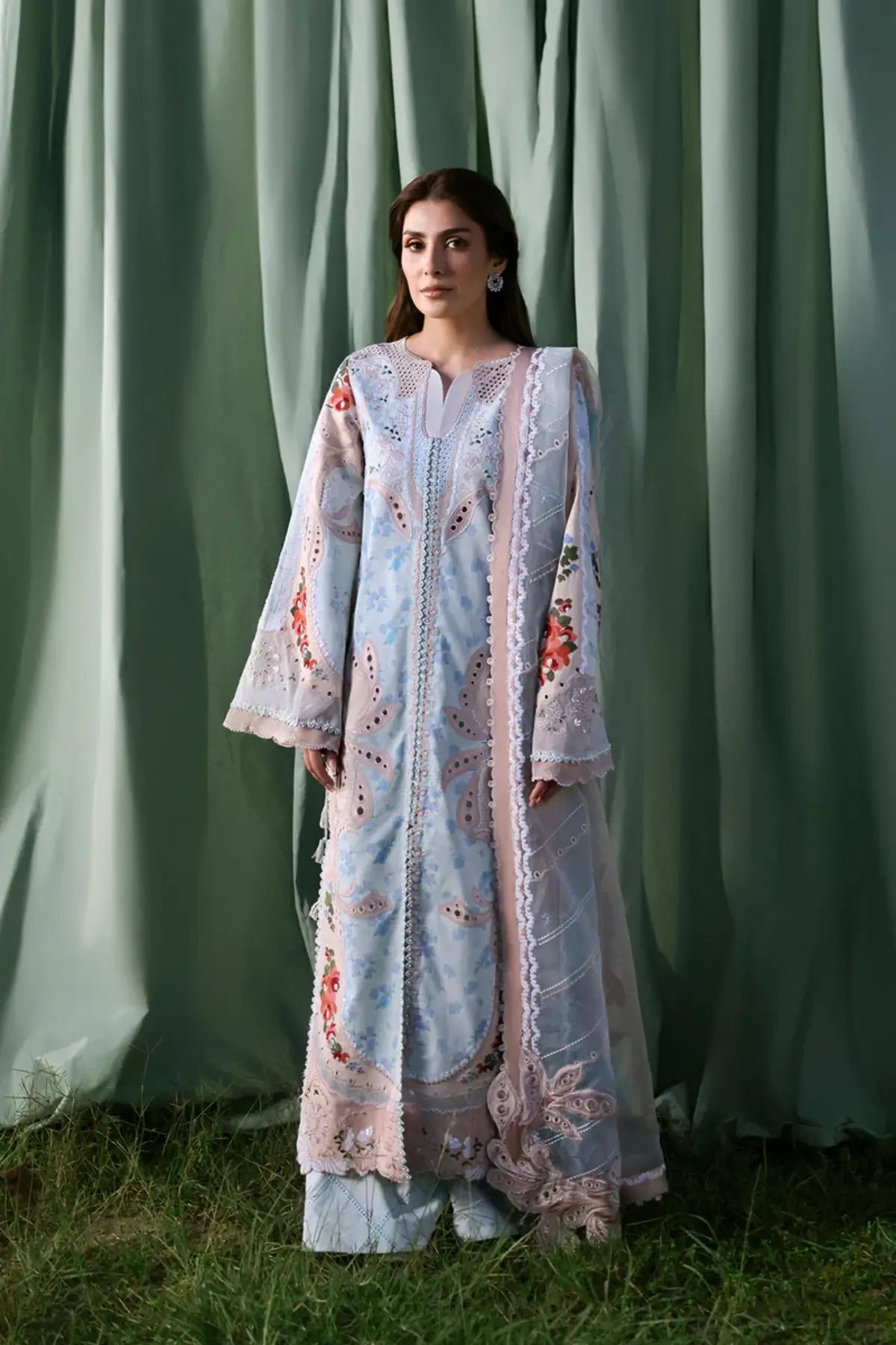 Eirene aqua Afrozeh A Lawn 2026 stitched 3PC suit with printed shirt and embroidered organza dupatta