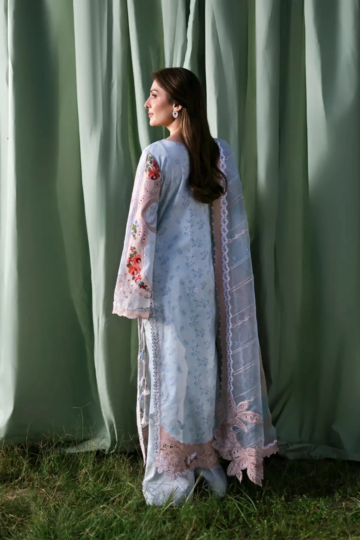 Eirene aqua Afrozeh A Lawn 2026 stitched 3PC suit with printed shirt and embroidered organza dupatta