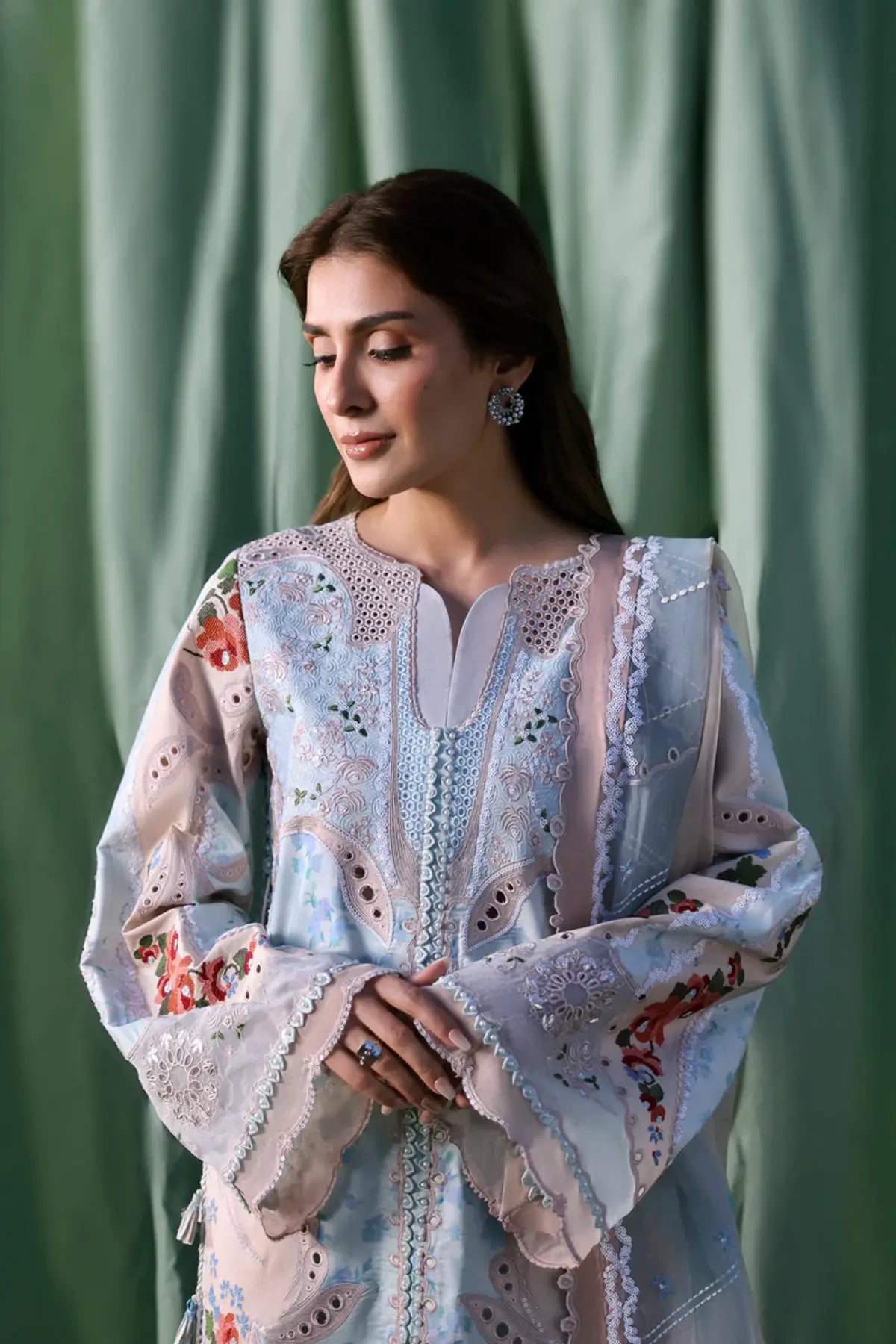 Eirene aqua Afrozeh A Lawn 2026 stitched 3PC suit with printed shirt and embroidered organza dupatta