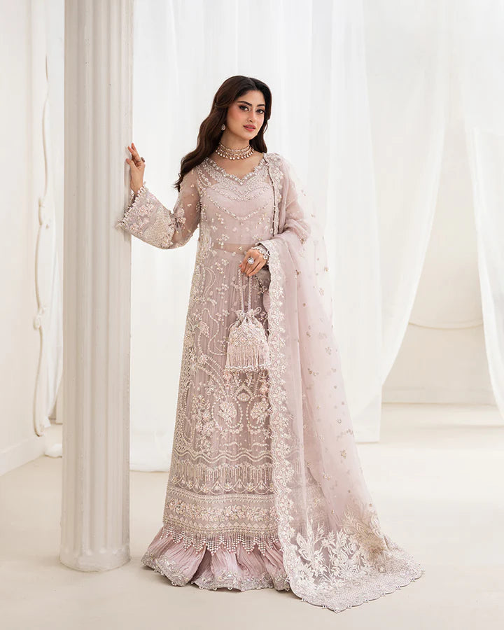 Ela Faiza Saqlain dusty rose stitched organza outfit with embroidered dupatta and silk trousers – Pakistanimoda Canada delivery